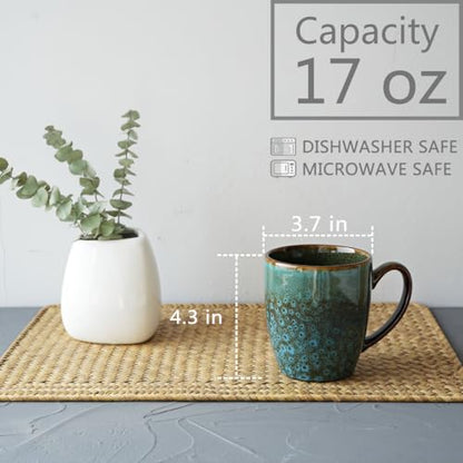Bosmarlin Ceramic Coffee Mug Set of 4, 17 Oz, Coffee Cups with Big Handle, Microwave Safe, Unique Reactive Glaze (Blue) - color: Blue