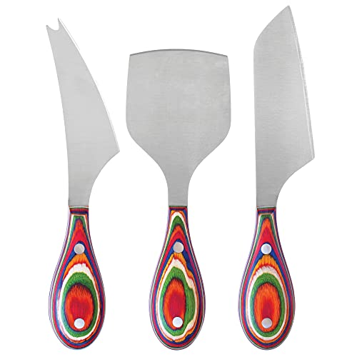 Totally Bamboo Baltique Marrakesh Collection 3-Piece Cheese Knife Set, Stainless Steel Cheese Knives with Colorful Wooden Handles for Charcuterie Boards