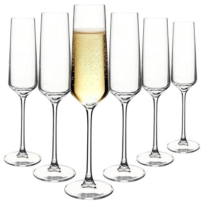 6 Pack Champagne Flutes - Elegant Stemware Champagne Glass Set for Weddings, Birthdays, Holidays - 7.5oz Crystal Clear, Dishwasher Safe, Ideal Gift Set (6)