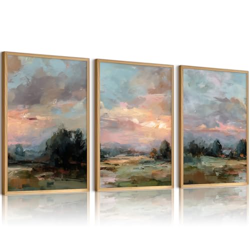 Youillne Vintage Landscape Wall Art Abstract Nature Canvas Wall Decor Rustic Pictures Sunrise Scenery Painting Farmhouse Prints Country Posters for Bedroom Living Room 16x24 Inch Unframed Set of 3 - color: Landscape - Prints, size: 24"L x 16"W, style: Unf
