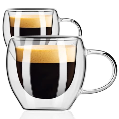 PARACITY Double Wall Glass Espresso Cups, 2.7 oz Expresso Shots, Set of 2 | Transparent borosilicate cups with handles are great espresso accessories for espresso, cappuccino, latte and cold drinks. - size: 2.7 Ounces