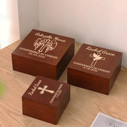 Confirmation Gifts for Boys and Girls Personalized Memory Box for Keepsakes | Custom Confirmation Gift Box, Wooden Storage Box for Jewelry, Trinkets, Mementos & Photos - Custom Name, Date & Cross Design - size: 5.9"L x 5.9"W x 3.9"H, style: Confirmation