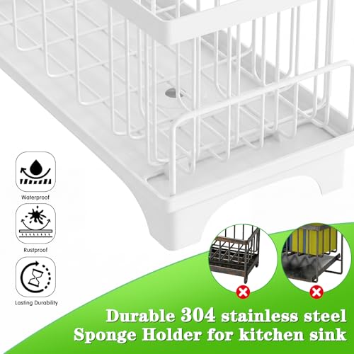 VOOWO Sponge Holder for Kitchen Sink, Compact Sink Caddy with Brush Holder | 304 Rustproof Stainless Steel Dish Soap Holder, Small Kitchen Sink Organizer, Self-Draining Dish Wand Holder with Towel Rack - color: White