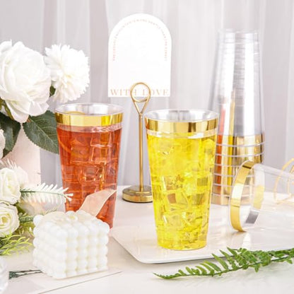 I00000 16 oz Gold Plastic Cups, 50 Pack Clear Plastic Cups with Gold Trim | Premium Gold Rimmed Disposable Cup, Heavy-duty, BPA-Free, Everyday Use, Disposable Cup Perfect for Birthday, Wedding & Party - color: 16-Gold-50