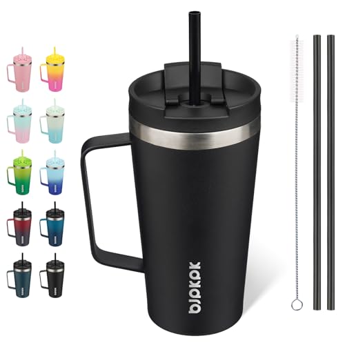 BJPKPK 18oz Insulated Tumbler with Handle, Lid & Straw, Stainless Steel | Double Wall Vacuum Insulated Coffee Travel Mug - Keeps Cold & Hot, BPA Free, Cupholder Fit for Office, Gym & Travel - color: Black, size: 18 Ounces