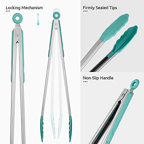U-Taste 600ºF High Heat 16in Silicone Kitchen Tong and 600ºF Heat Resistat Spatula Spoon Flexible Silicone Cooking Scoop Spoonula (Aqua Sky)