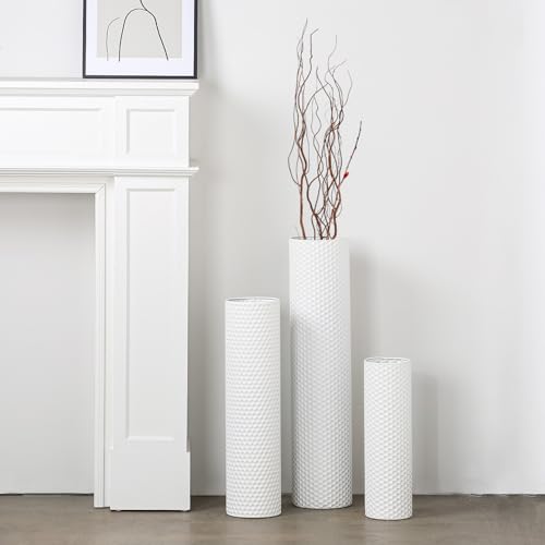 Dnnnii Tall Floor Vases Set of 3 - White Metal Cylinder Vases for Living Room Corner, Modern Honeycomb Texture, Extra Large Standing Decor (Tallest 27.6in, Home Bedroom Dining Decor) - color: White