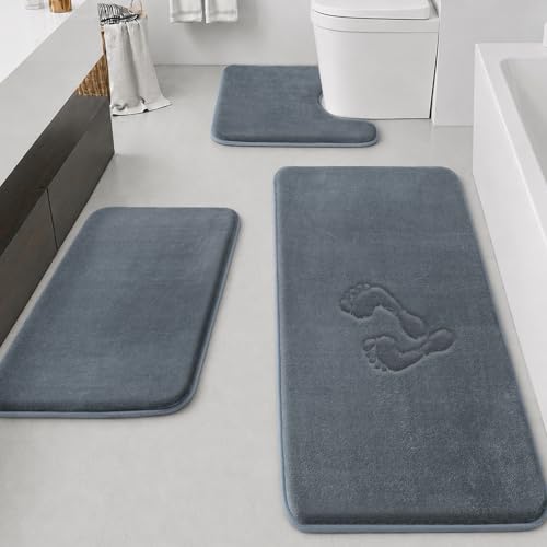 Bathroom Rugs Sets 3 Piece, Non-Slip & Quick Dry Bath Mat Set, Ultra Soft Velvet Bath Rugs for Bathroom, Toilet and Shower Floor, Grey - color: Grey, size: 20"x32"+24"x60"+U Shape 20"x24"