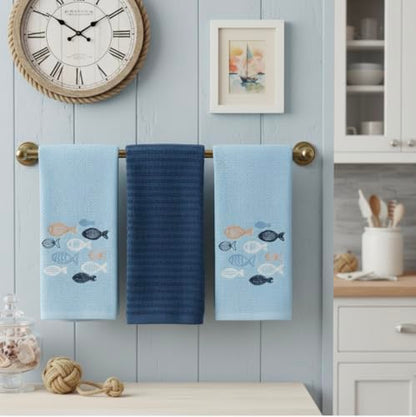 Coastal Kitchen Towels- Set of 3 Blue 100% Cotton Embroidered Whimsical School of Fish Design - 16 x 26 Multipurpose Towels for Everyday Use - color: School of Fish