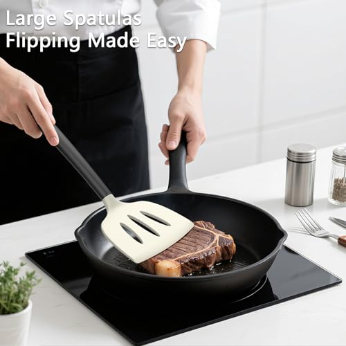 Coukre 3 Pack Silicone Spatula Set, Heat Resistant to 500°F, BPA-Free | Fish Spatula, Solid & Slotted Turners, Dishwasher Safe, Spatula Set for Eggs, Pancakes, Fish & Burgers, BeigeBlack - color: BeigeBlack