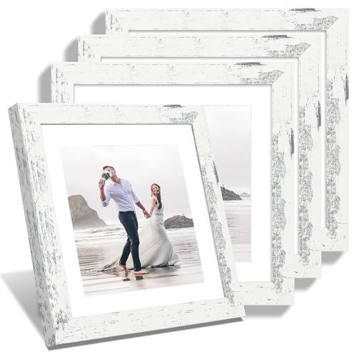 iRahmen 10x10 Picture Frame Set of 4 with Real Glass, Distressed White Frame Display 8x8 Pictures with Mat or 10 x 10 Without Mat, Wood Square Photo Frame for Wall Mount and Tabletop Display - color: Distressed White, size: 10X10