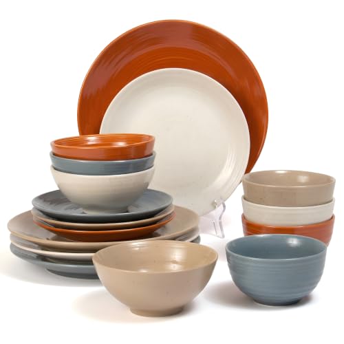 Sango Siterra Painter's Palette 16-Piece Stoneware Dinnerware Set - Service for 4, Ceramic Plates and Bowls Sets, Chip Resistant, Rustic Dishware, Microwave & Dishwasher Safe Kitchen Dishes - color: Rustic Mix, size: 16-Piece Set