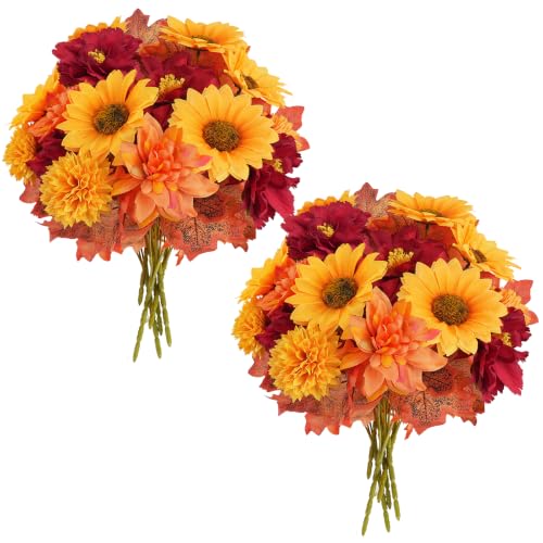 6Pcs Fall Artificial Sunflowers and Mums Cemetery Flowers for Grave | 13.3in UV Resistant Faux Flower Arrangements for Cemetery Decorations, Grave Vase, Autumn Thanksgiving Outdoor Home Decor - color: Fall Dahlia