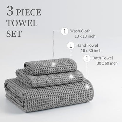 MICROFI Microfiber Waffle Bath Towels, 3 Pieces, Oversized, Soft, Absorbent, Fast Drying, Lint Free, Includes Bath, Face and Hand Towels 430 GSM - color: Grey