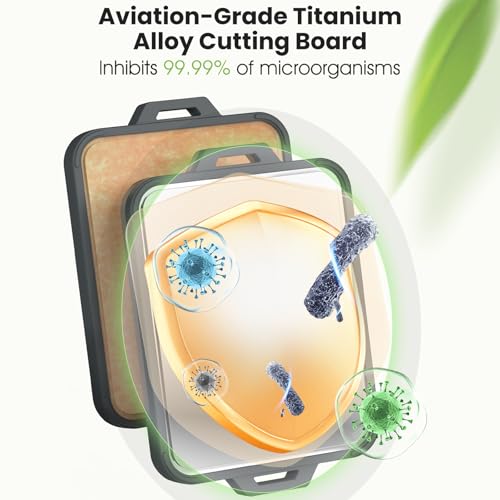 Titanium Cutting Board for Kitchen, Double Sided Pure Titanium & Wood Fiber | Non‑Slip Platinum Silicone Edge, Juice Groove, for Chopping Meat/Vegetables/Fruit Dishwasher Safe, 16"×11"
