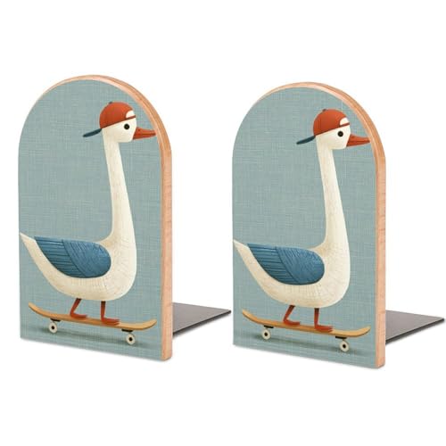 Wooden Bookends Shelves 2 PCS Cute Goose on A Skateboard Sturdy Book Holders Desktop Organizer for Home Office Libraries