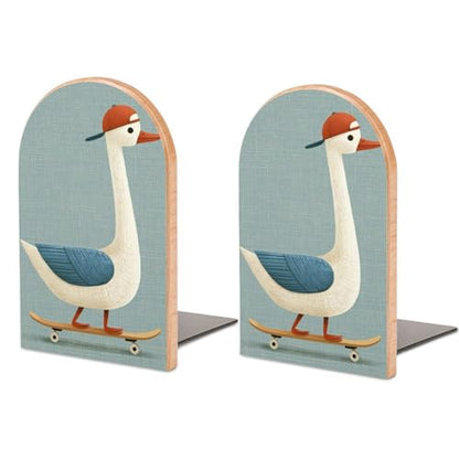 Wooden Bookends Shelves 2 PCS Cute Goose on A Skateboard Sturdy Book Holders Desktop Organizer for Home Office Libraries