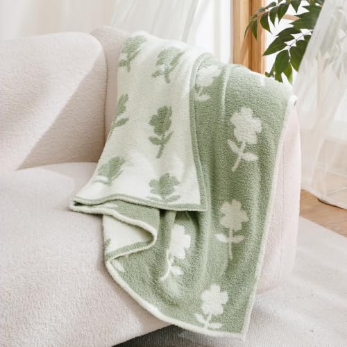 Snuggle Sac Twin Size Bedding Blanket, Sage Green Flower Throw Blanket for Couch, Microfiber Fluffy Warm Cozy Fuzzy Soft Reversible Blankets, Sage Green, 60x80 inches - color: Flower Green, size: Twin(60"x 80")