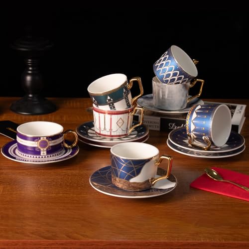 KAMMAK Tea Cups and Saucers Set of 2, Porcelain Coffee Cups, NX023 | Gold Rim, Stackable Espresso Mugs, Ceramic Demitasse for Coffee, Latte, Americano, Afternoon Tea, Elegant Gift for Women - size: 8CZNX023