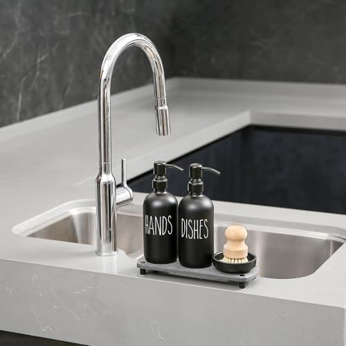 MOMEEMO Matte Black Soap Dispenser Set Comes with Stainless Steel Pumps | Instant Dry Tray and Dish Scrub Brush, Suitable for Matte Black Kitchen Accessories - color: Black1