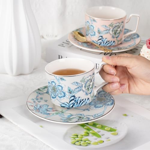 KAMMAK Tea Cups and Saucers Set of 2, Porcelain Coffee Cups, NX043 | Gold Rim, Stackable Espresso Mugs, Ceramic Demitasse for Coffee, Latte, Americano, Afternoon Tea, Elegant Gift for Women - size: 8CZNX043+44