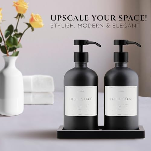 Glass Soap Dispenser Set of 2 (Black) with Silicone Tray | Hand and Dish Soap Dispenser for Kitchen and Bathroom | 16.8 Oz Glass Bottles with Stainless Steel Pump & 15 Waterproof Labels (Black) - color: Black