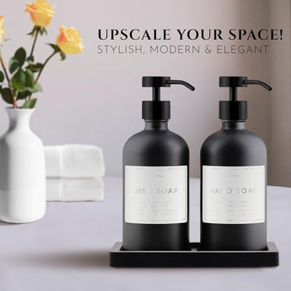 Glass Soap Dispenser Set of 2 (Black) with Silicone Tray | Hand and Dish Soap Dispenser for Kitchen and Bathroom | 16.8 Oz Glass Bottles with Stainless Steel Pump & 15 Waterproof Labels (Black) - color: Black