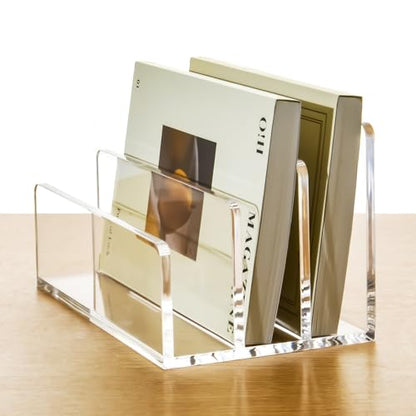 3 Compartments Clear Acrylic Mail Holder – Vertical Letter Sorter & Multifunction Desk Organizer for Bills, Documents, Notebooks – Modern Office/Home Envelope File Rack - size: 3 Compartments