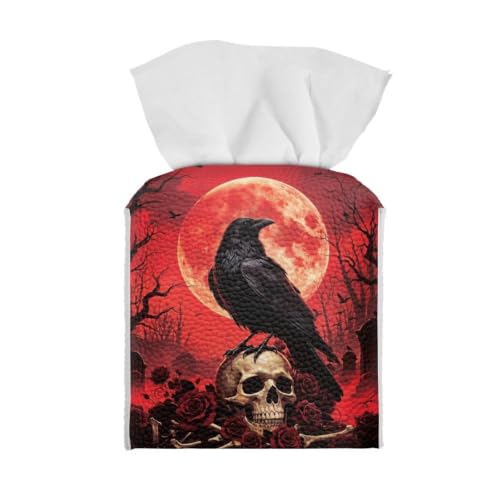 Halloween Crow Tissue Box Cover Gothic Skull Tissue Box Holder | Blood Moon Print Cube PU Leather Facial Paper Case for Kitchen Bathroom Bedroom Vanity Office Decor - color: Blood Moon Gothic Crow Skull