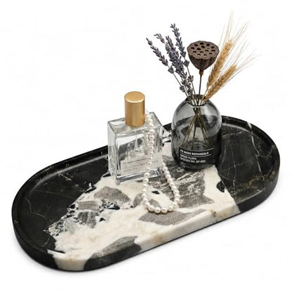 11.8 x 5.9 Inch Black White Veined Oval Marble Tray | Natural Stone Bathroom Vanity Organizer, Catchall Tray, For Perfume, Jewelry, Candles
