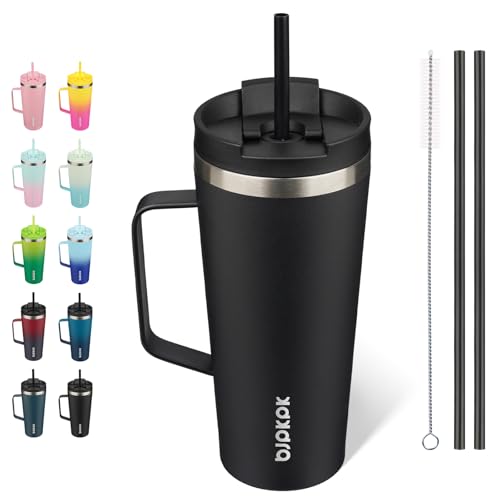 BJPKPK 22oz Insulated Tumbler with Handle, Lid & Straw, Stainless Steel | Double Wall Vacuum Insulated Coffee Travel Mug - Keeps Cold & Hot, BPA Free, Cupholder Fit for Office, Gym & Travel - color: Black, size: 22 Ounces