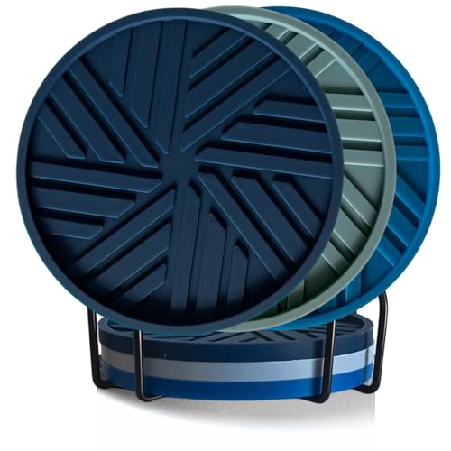 Silicone Coasters Set of 6 - with Holder - Modern Patterns Protecting Your Coffee Table, Navy/Blue - color: Beach Vibes