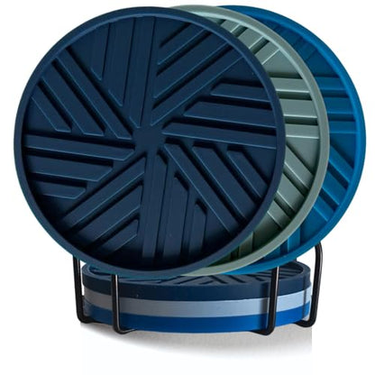 Silicone Coasters Set of 6 - with Holder - Modern Patterns Protecting Your Coffee Table, Navy/Blue - color: Beach Vibes