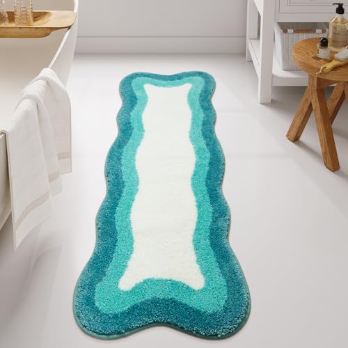 HAOCOO Aqua Blue Gradient Scalloped Runner Rug, 24x59 Inch Irregular Shape Bath Rug,Washable Absorbent Bathroom Runner Rug for Bedroom Bathtub Sink Shower - color: Aqua Blue, size: 4'11" x 2' (Irregular)