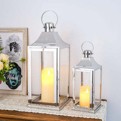 TRIROCKS Set of 2 Stainless Steel Lanterns 17"&12" H Decorative Outdoor Lantern Candle Holder with Tempered Glass for Living Room Wedding Parties Gifts Indoors Outdoors(Silver)