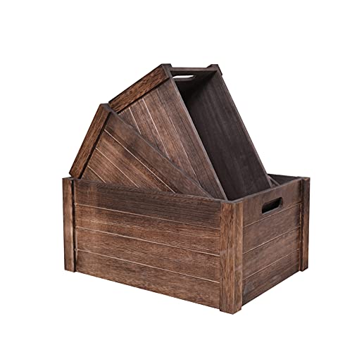 Farmhouse Antique Black Wooden Crate for storage,Rustic Decorative Boxes,Set Of 3 Nesting Wooden Storage Crates For display,Handmade Natural Solid Wood Box (Rustic Black) - color: Rustic Black