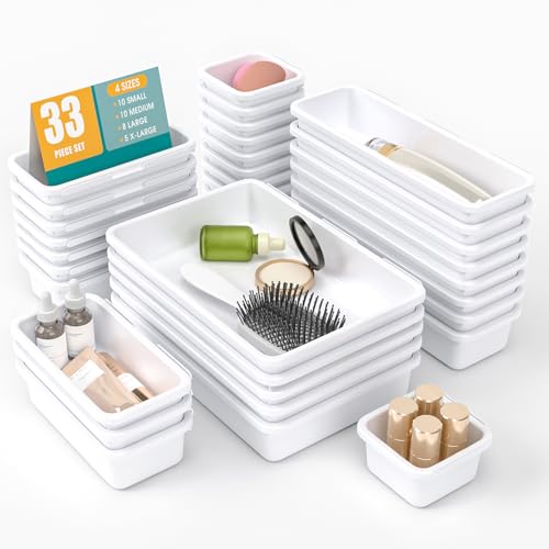 33 PCS Drawer Organizer Set, 4 Size Makeup Drawer Divider Organizer With Non-Slip Pads, Interlocking Plastic Storage Bins for Office,Jewelry Vanity,Gadgets, Bathroom,Kitchen, White - color: White, size: 33Pack