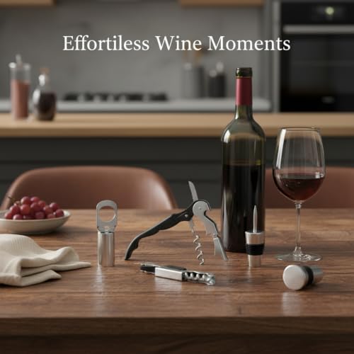 Home Bar & Dining Room Essential: 4-Piece Stainless Steel Wine Opener Kit with Corkscrew, Foil Cutter, Pourer, and Stopper