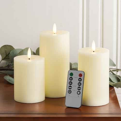 Stmarry Ivory Flameless Candles with Remote and Timer, Real Wax Made LED Pillar Candles Battery Operated with 3D Flickering Flame - 3" x 4",5",6" - Set of 3 - color: Ivory