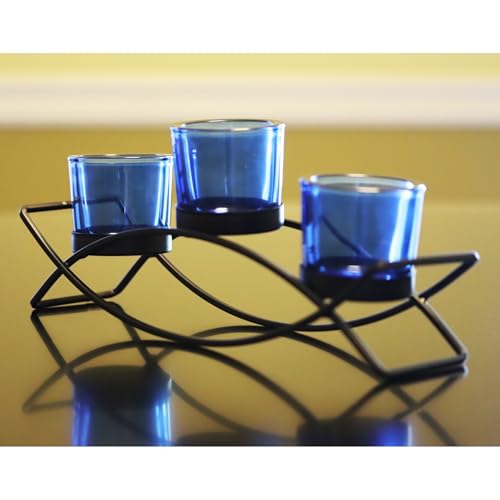 Iron Arch Table Centerpiece Decorations Long Candle Holder for Weddings, Patio, Kitchen, Dining Room, and Coffee Tables, Black, Blue Chunky 3 Cups - color: Black/Blue, size: 3 Cup