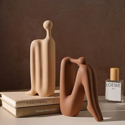 Linxia Abstract Ceramic Figurine Bookends | Warm Brown & Off-White Pair | Back-to-Back Design | Decorative Desk, Office & Window Display Accents - color: Warm Brown & Off-white
