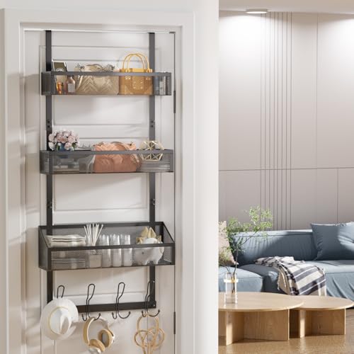 Over Door Hook Organizer 12 Hook Over The Door Organizer with 3 Mesh Baskets - Back of Door Storage Towel Rack Space Saving Storage Organizer for Bedroom, Bathroom, Kitchen, Pantry, Black - color: 3 Mesh Basket-black