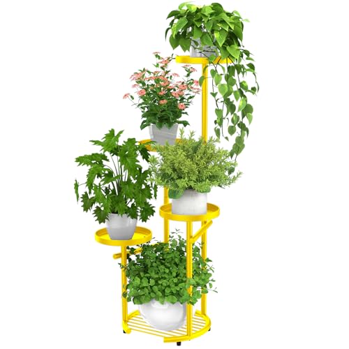 TOSKING Tall 5-Tier Metal Corner Plant Stand, 38-Inch Anti-Tip, Yellow | Space-Saving Round Design | Vertical Plant Display | Heavy-Duty Construction | Pet-Friendly | Indoor/Outdoor Use - color: Yellow, size: 5tier Rd