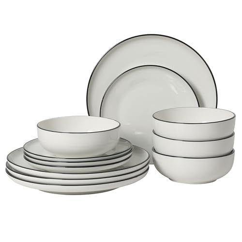 Gibson Home Havenstone 12-Piece Dinnerware Set – Dinner Plates, Salad Plates & Bowls, Classic White With Black Rim Everyday Dish Set for Home, Kitchen, Microwave & Dishwasher Safe - color: White w/ Black Rim (Havenstone)