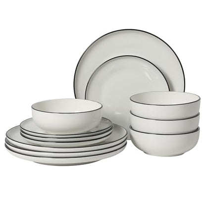 Gibson Home Havenstone 12-Piece Dinnerware Set – Dinner Plates, Salad Plates & Bowls, Classic White With Black Rim Everyday Dish Set for Home, Kitchen, Microwave & Dishwasher Safe - color: White w/ Black Rim (Havenstone)