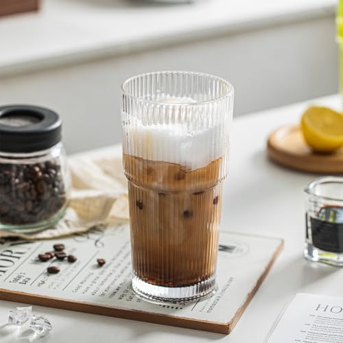 INSETLAN 20oz Ribbed Glass Tumbler Set of 8 – Large Capacity Drinking Glasses for Iced Coffee, Water, Juice, and Cocktails – Elegant Modern Glassware for Everyday Use and Special Occasions