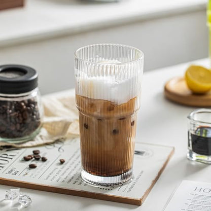 INSETLAN 20oz Ribbed Glass Tumbler Set of 8 – Large Capacity Drinking Glasses for Iced Coffee, Water, Juice, and Cocktails – Elegant Modern Glassware for Everyday Use and Special Occasions