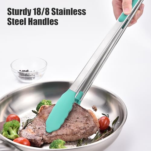 Doosu 16in Kitchen Tong for Cooking - 600°F Heat Resistant Food Tong with Non-Scratch Silicone Tips & 600°F Heat Resistant Silicone Spoon Spatula Set of 3 Cooking Spoons for Stir Mixing (Aqua Sky)