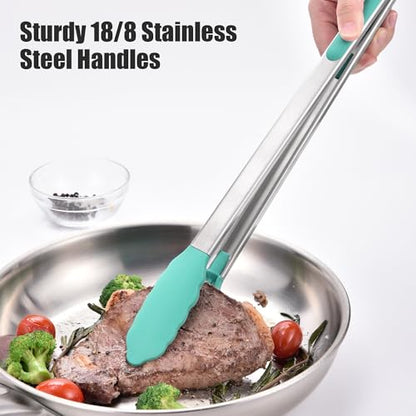 Doosu 16in Kitchen Tong for Cooking - 600°F Heat Resistant Food Tong with Non-Scratch Silicone Tips & 600°F Heat Resistant Silicone Spoon Spatula Set of 3 Cooking Spoons for Stir Mixing (Aqua Sky)