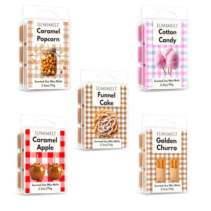 LUMIMELT County Fair Favorites Wax Melt Bundle – 5 Pack Scented Soy Wax Melts – Caramel Popcorn, Funnel Cake, Cotton Candy, Caramel Apple & Golden Churro – Long Lasting Home Fragrance